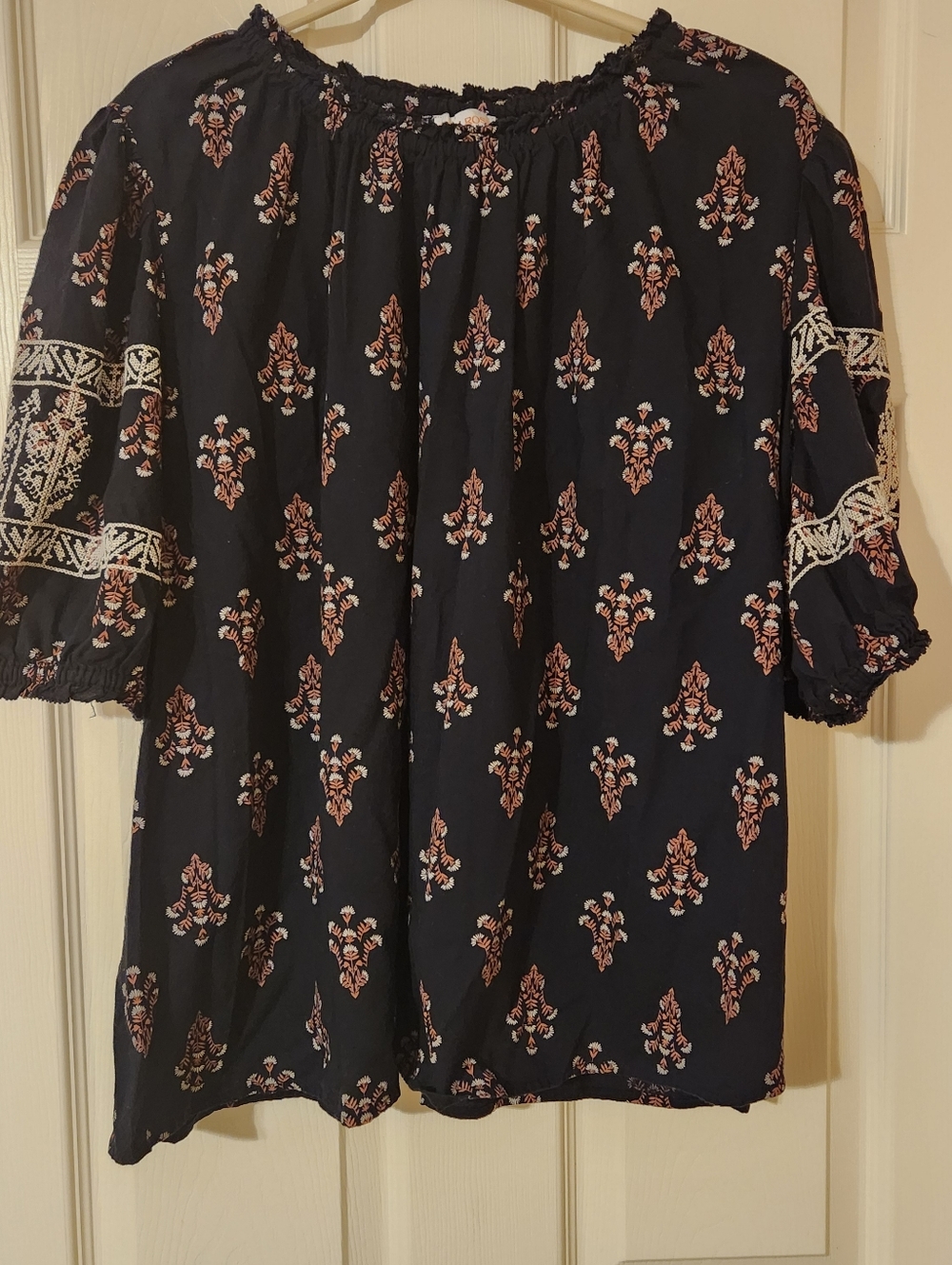 Knox Rose Size XXL Short Sleeve Boho Blouse Black Tan Embroidered Career Work